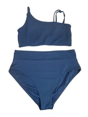 Old Navy Blue Ribbed Asymmetrical Bikini Set High Waist Bottoms Size L